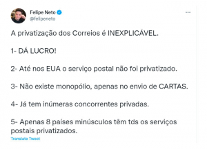 Leia mais sobre o artigo Youtuber Felipe Neto defende os Correios