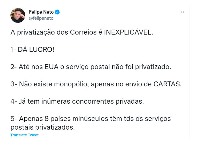 No momento, você está visualizando Youtuber Felipe Neto defende os Correios
